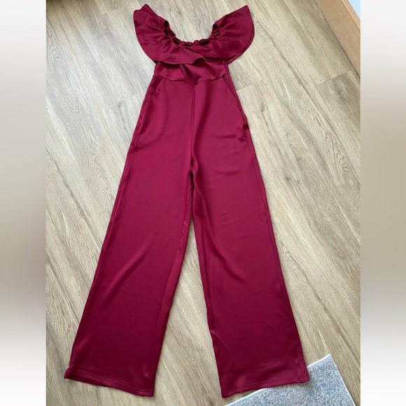 ROMWE Pants - ROMWE Off the shoulder Jumpsuit Burgundy Frill Size S 8 UK Wide Leg